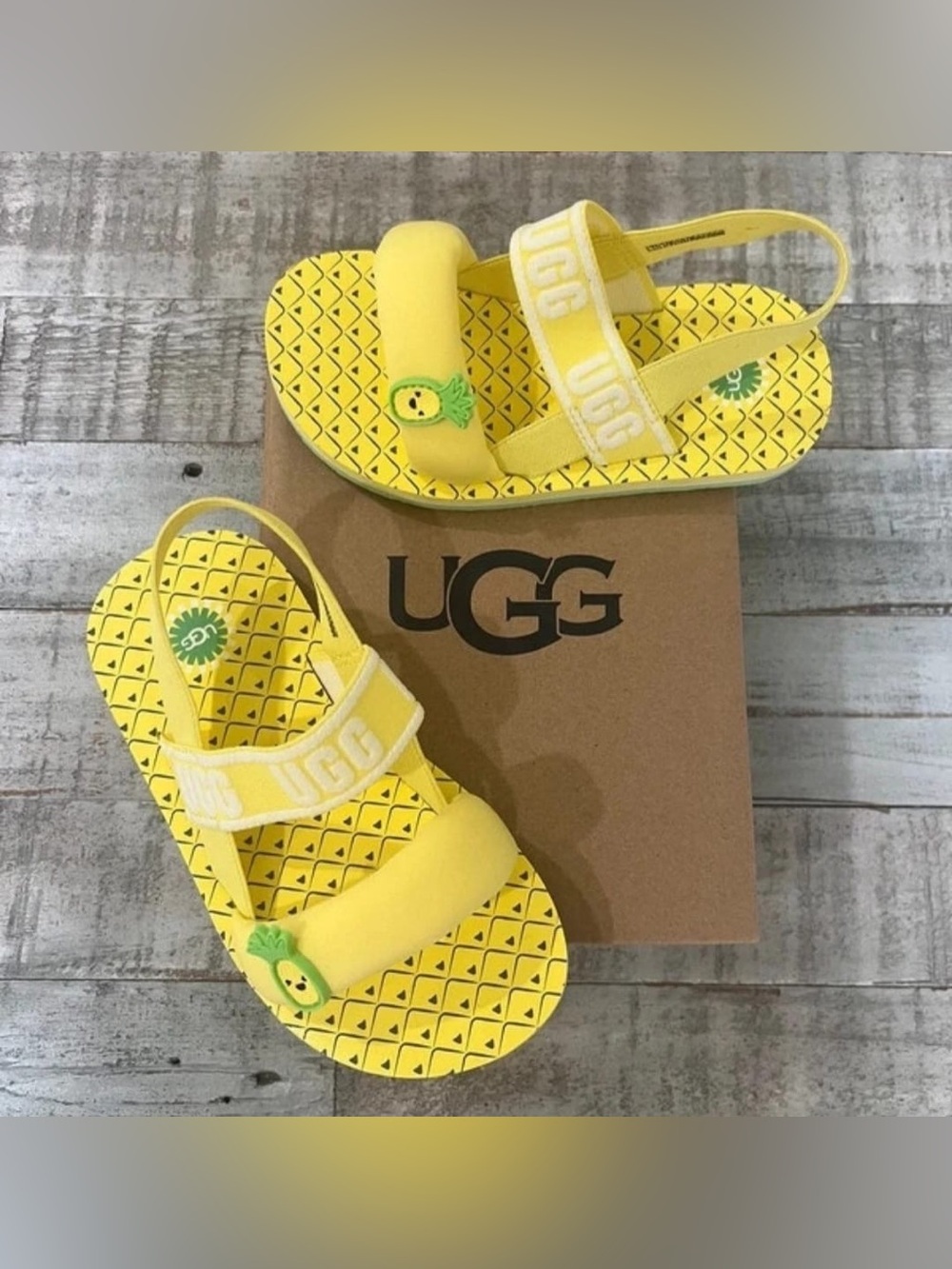 UGG Kids' Bright Yellow Pineapple Print Sandals